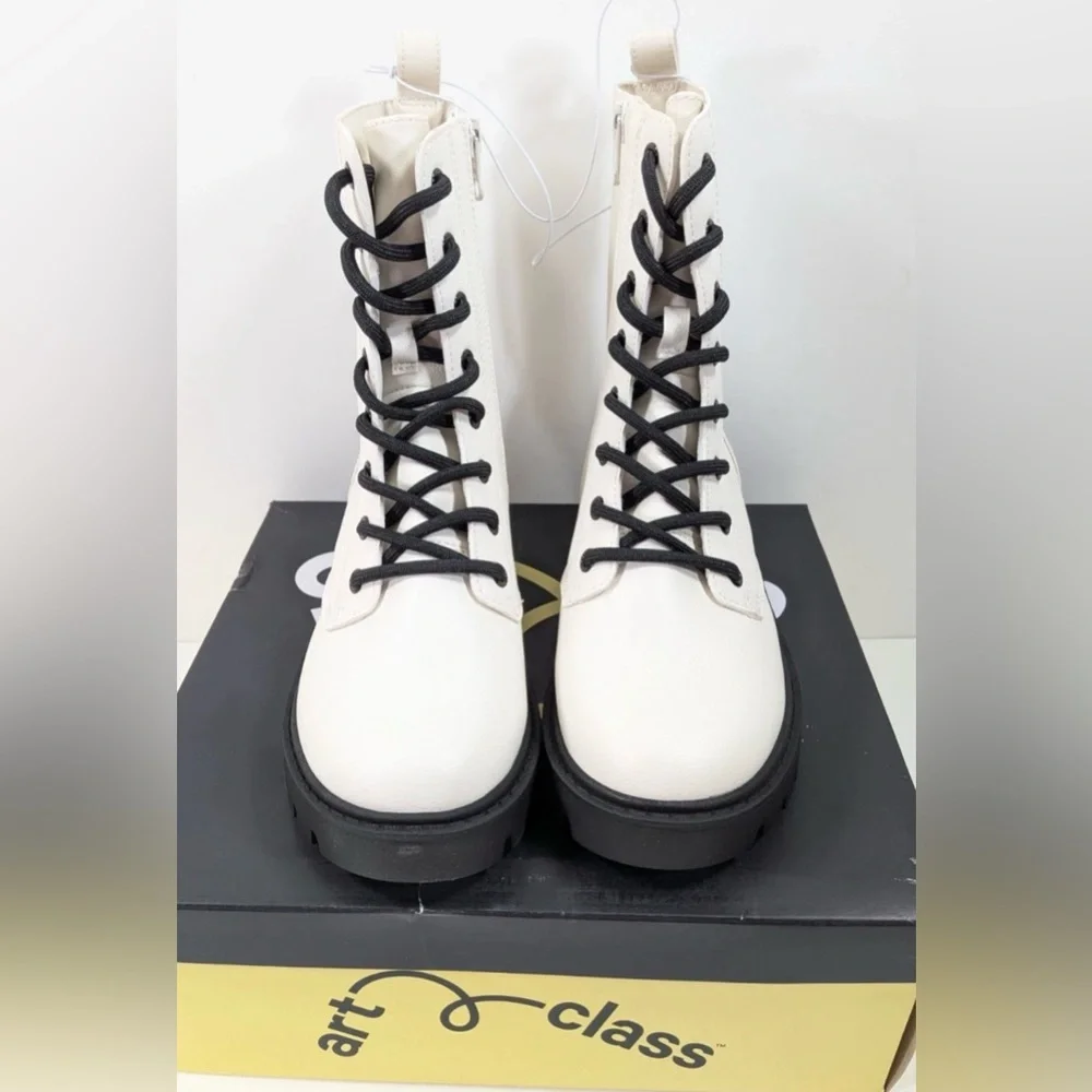 Art Class Combat Boots Khari Girls Sz 1 Cream Lace Up Zip Chunky New  NIB